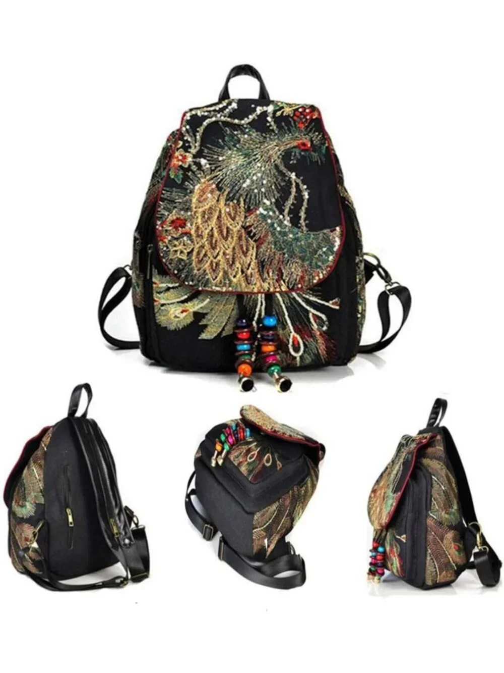 Ethnic Style Women's Backpack with Sequins & Peacock Embroidery - Canvas Travel